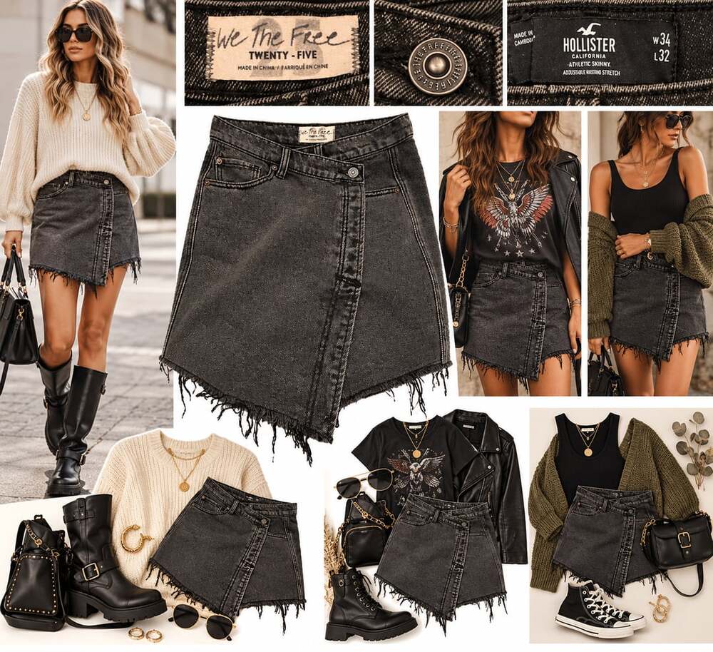 We The Free Denim Skirt Size 25 Black Distressed Wrap Mini